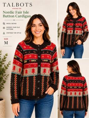 Talbots vintage Y2K Wool Blend Nordic Fair Isle Button Cardigan - Size M